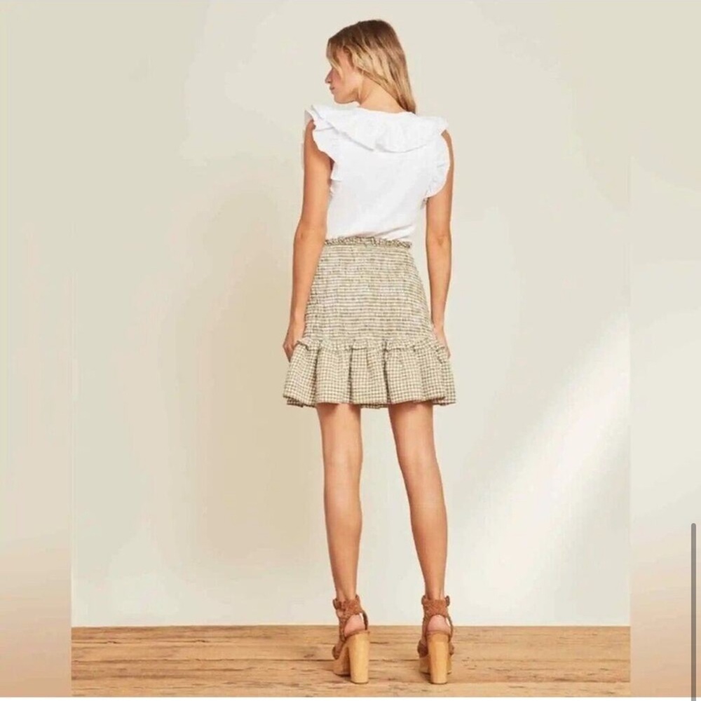 Veronica Beard Aloya Smocked Gingham Mini Skirt Green Ruffle Hem Size L NWT - Picture 6 of 11